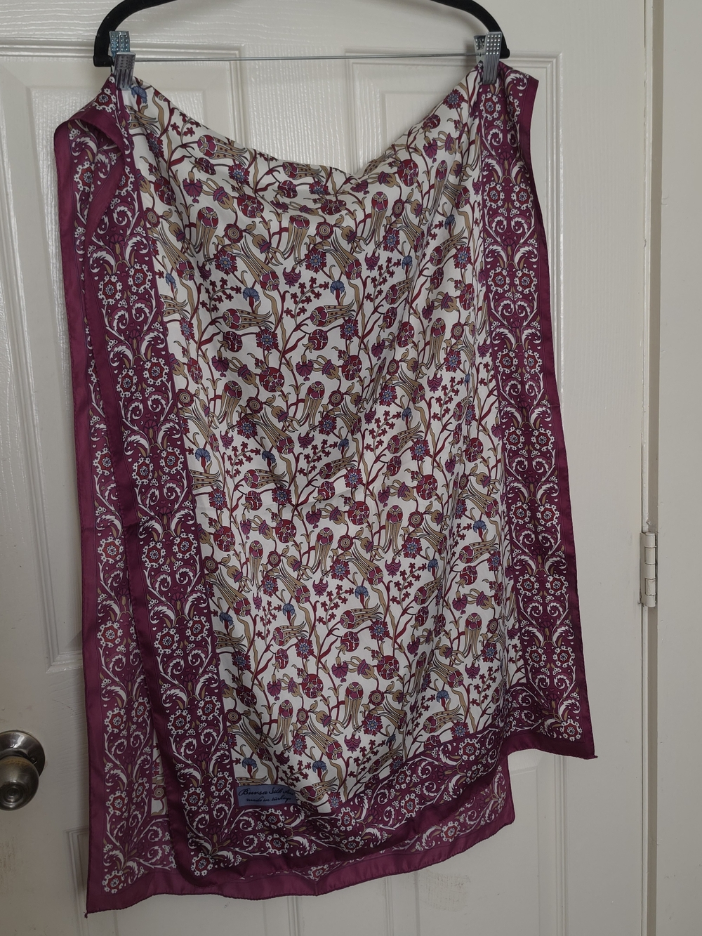 Floral Border Silk Scarf in Plum and Cream